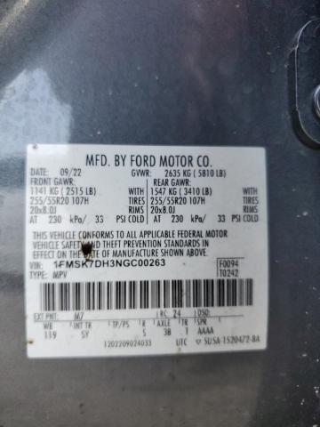 2022 Ford Explorer Xlt VIN: 1FMSK7DH3NGC00263 Lot: 61297044