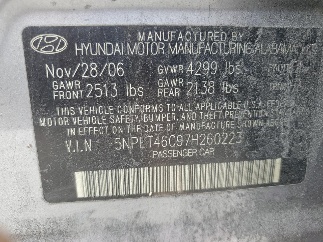 5NPET46C97H260223 2007 Hyundai Sonata Gls