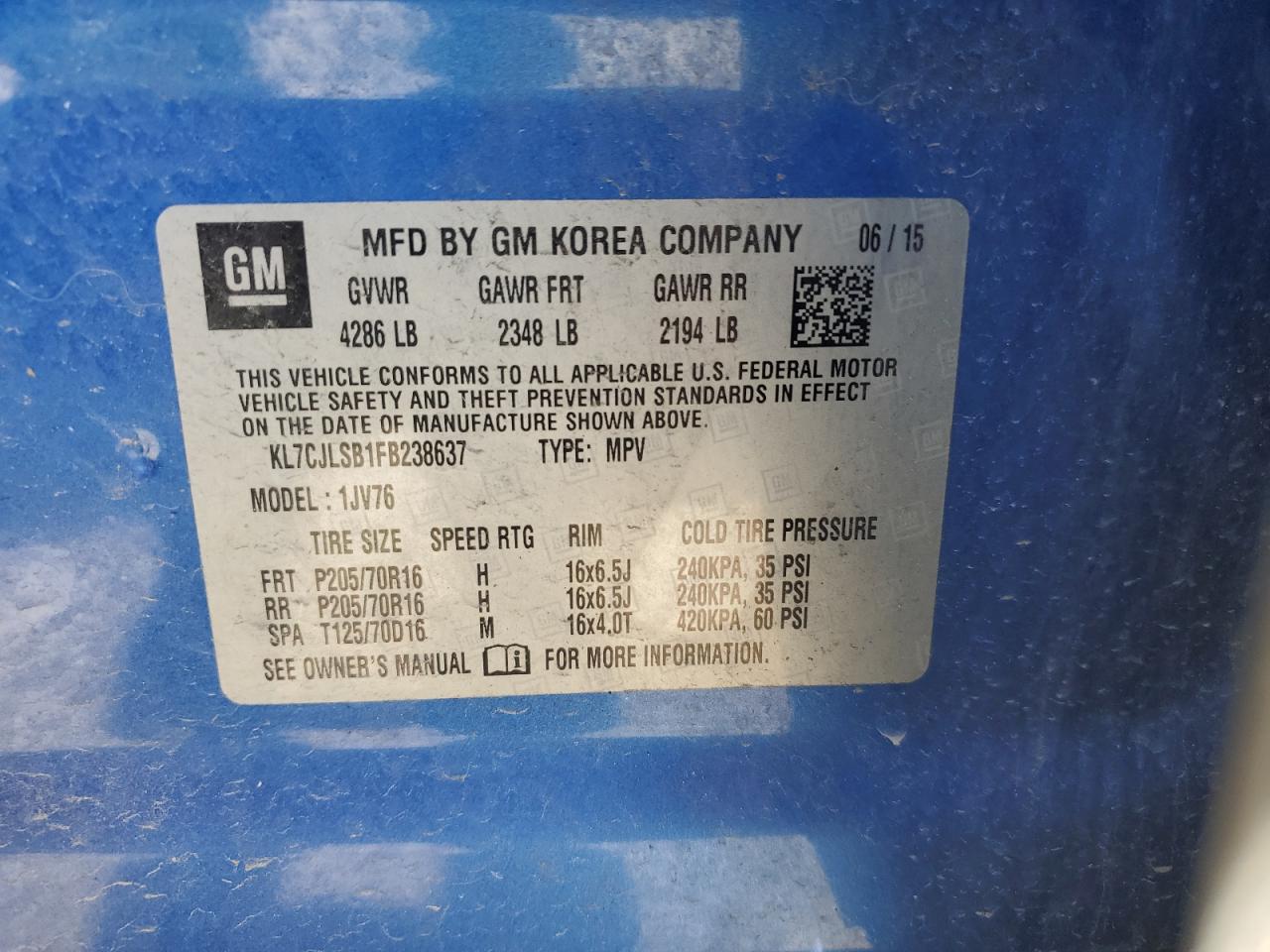 KL7CJLSB1FB238637 2015 Chevrolet Trax 1Lt