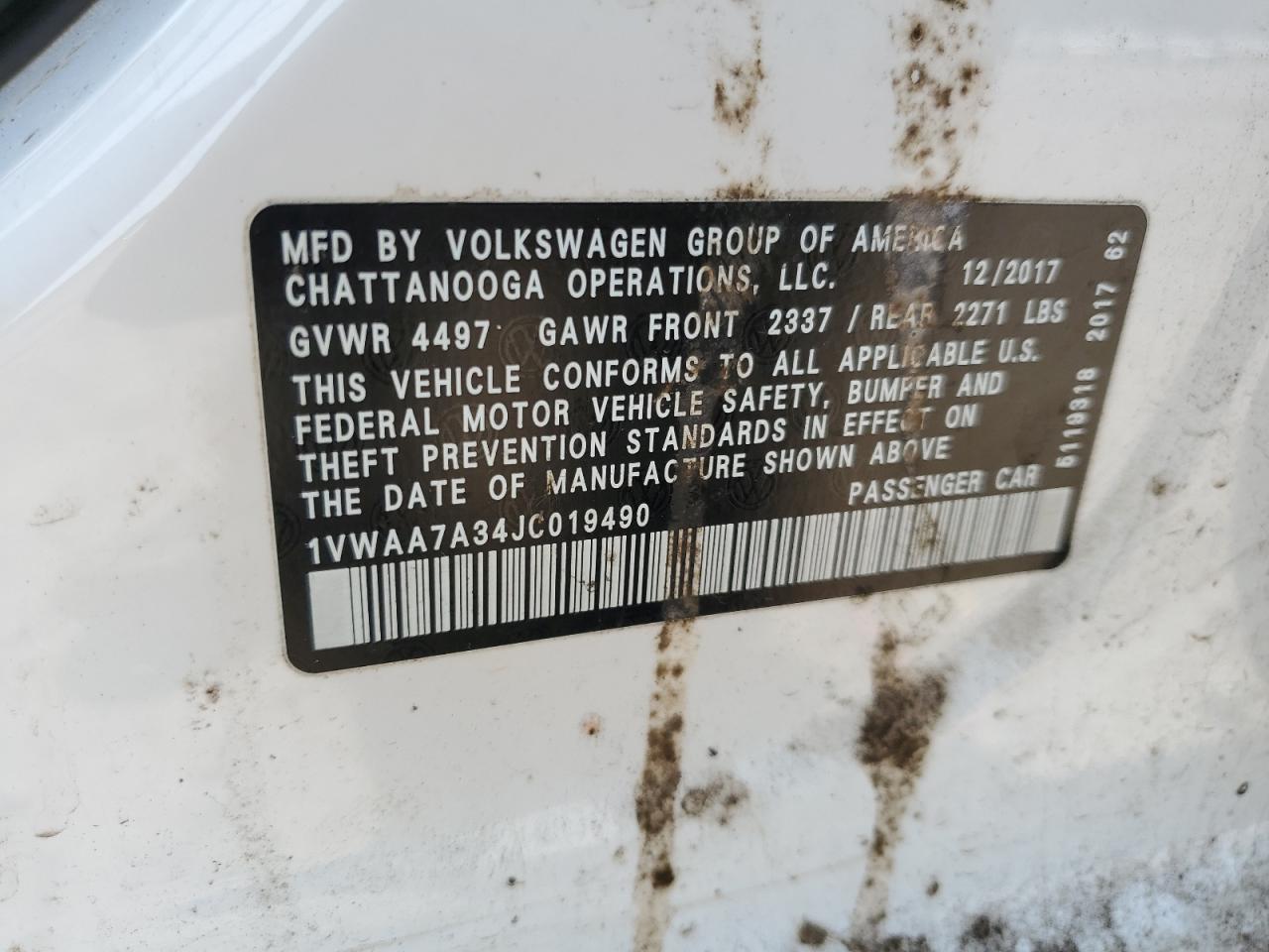 1VWAA7A34JC019490 2018 Volkswagen Passat S