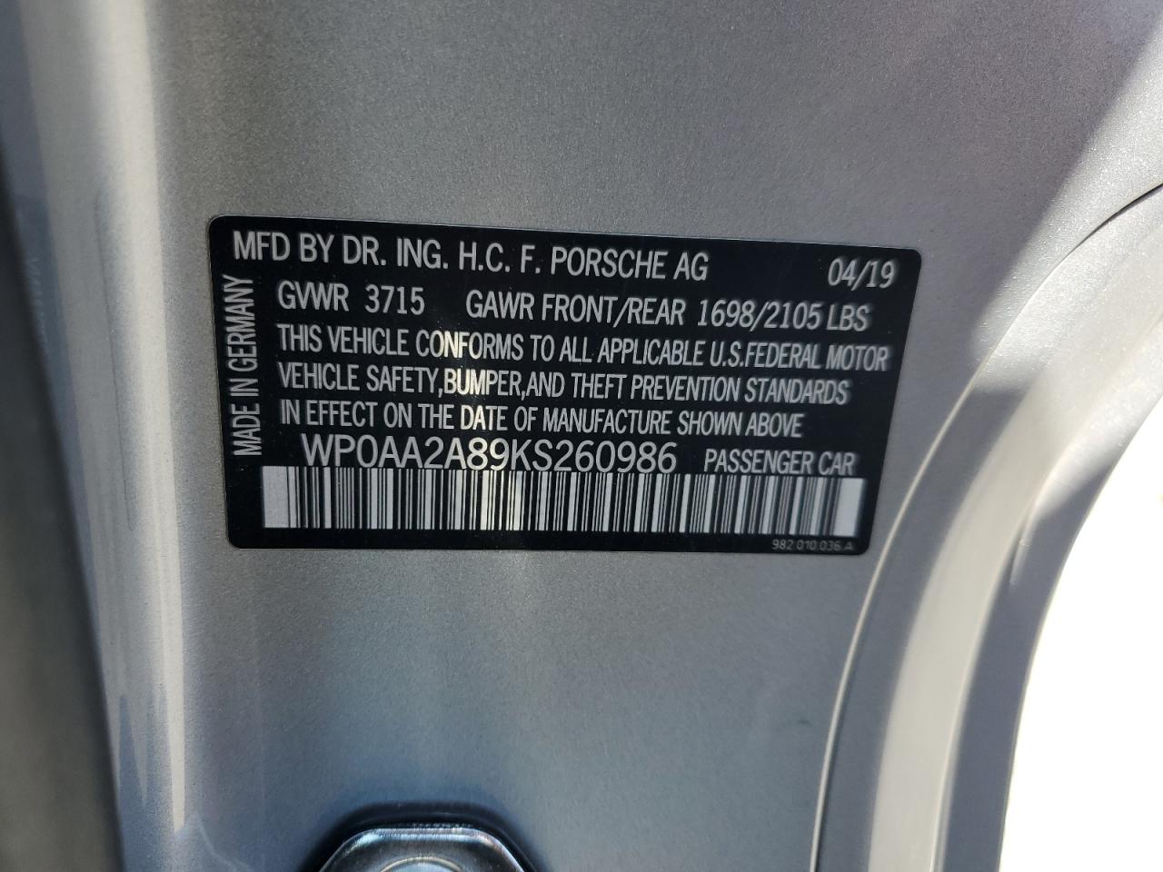 WP0AA2A89KS260986 2019 Porsche Cayman Base