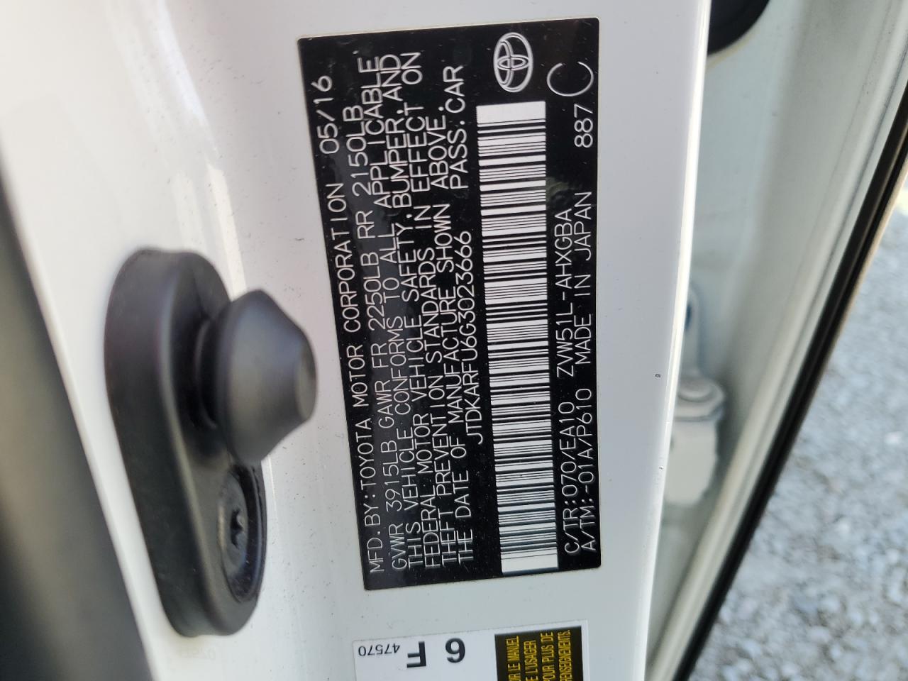JTDKARFU6G3023666 2016 Toyota Prius