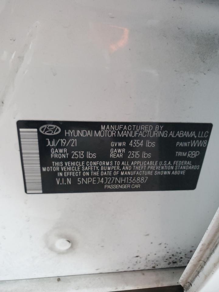 5NPEJ4J27NH136887 2022 Hyundai Sonata Sel Plus