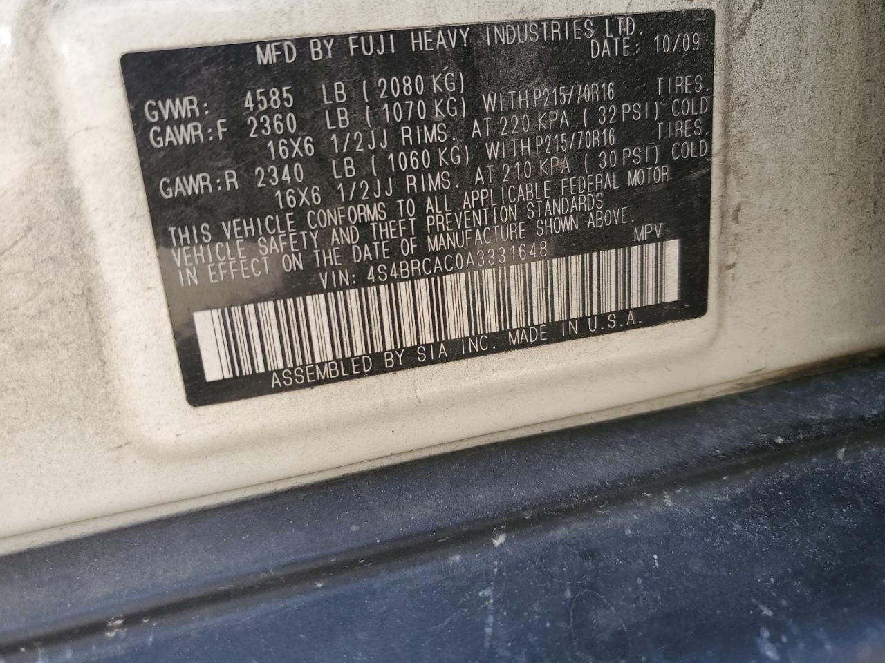 4S4BRCAC0A3331648 2010 Subaru Outback 2.5I