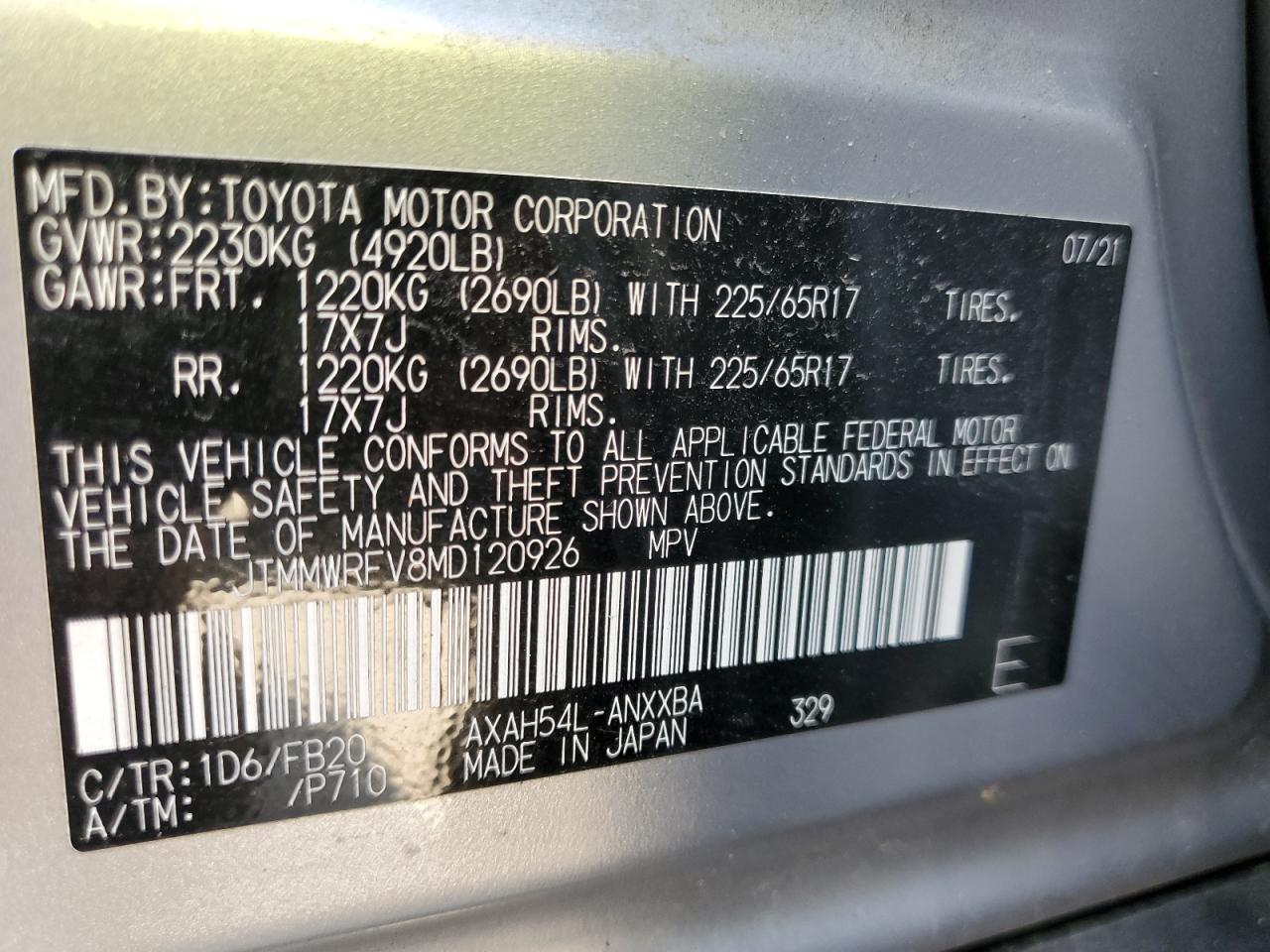 JTMMWRFV8MD120926 2021 Toyota Rav4 Le