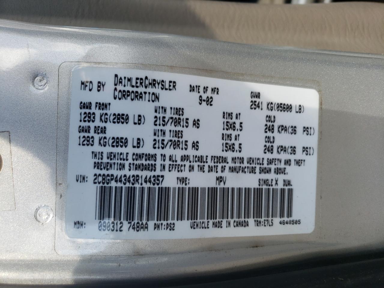 2C8GP44343R144357 2003 Chrysler Town & Country Lx