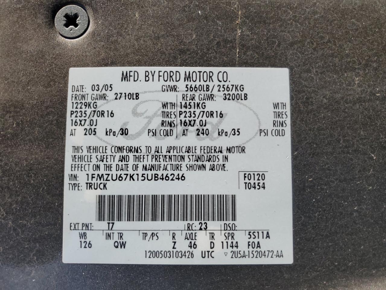 1FMZU67K15UB46246 2005 Ford Explorer Sport Trac