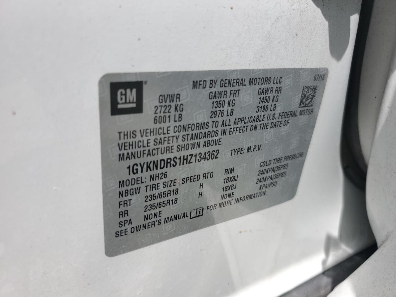 1GYKNDRS1HZ134362 2017 Cadillac Xt5 Luxury