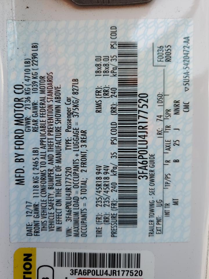 3FA6P0LU4JR177520 2018 Ford Fusion Se Hybrid