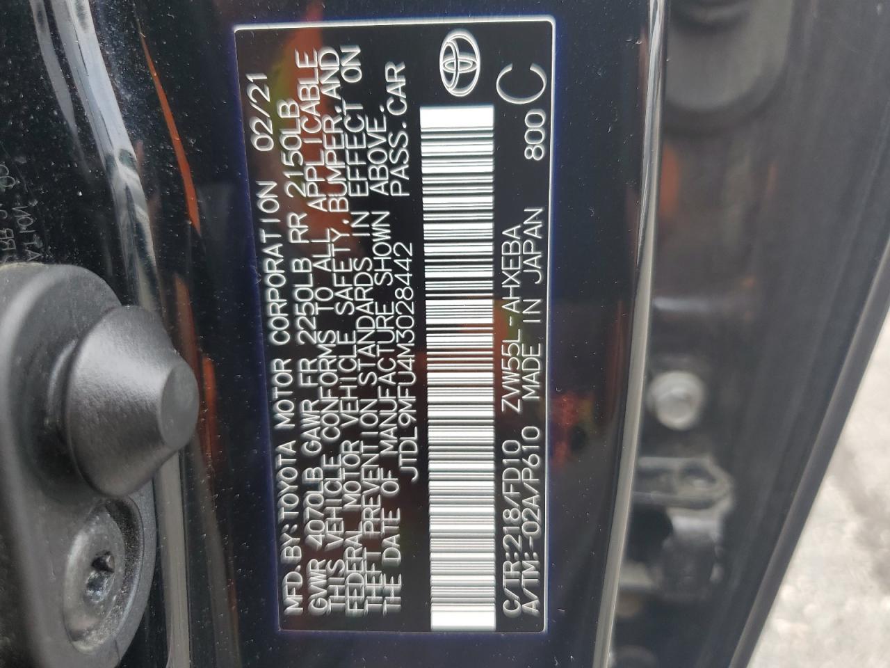 Lot #2938012832 2021 TOYOTA PRIUS LE