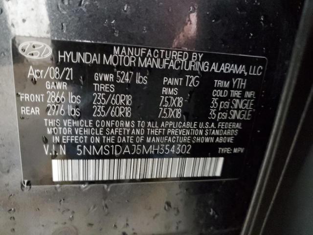 2021 Hyundai Santa Fe Se VIN: 5NMS1DAJ5MH354302 Lot: 61085344
