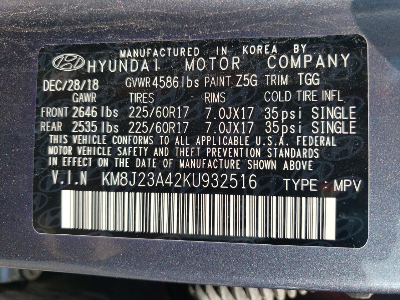 KM8J23A42KU932516 2019 Hyundai Tucson Se