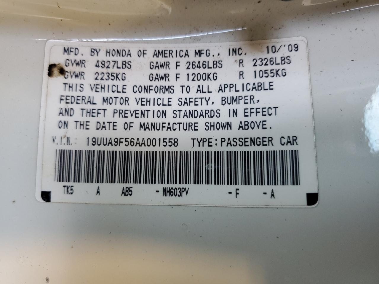 19UUA9F56AA001558 2010 Acura Tl
