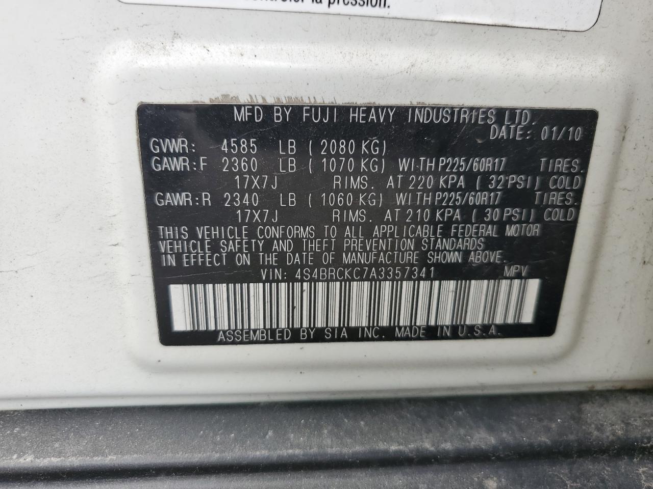 4S4BRCKC7A3357341 2010 Subaru Outback 2.5I Limited