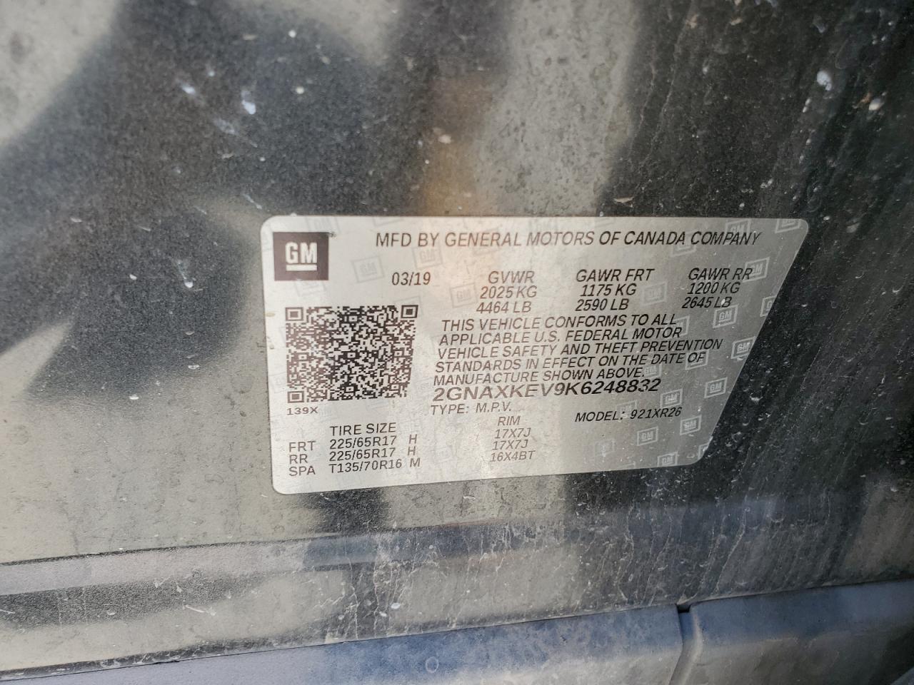 2GNAXKEV9K6248832 2019 Chevrolet Equinox Lt