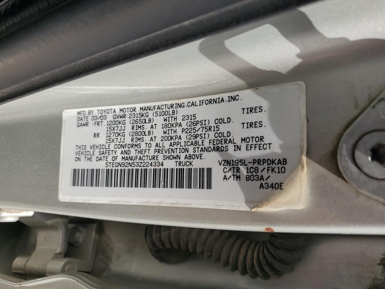 5TEGN92N53Z224334 2003 Toyota Tacoma Double Cab Prerunner