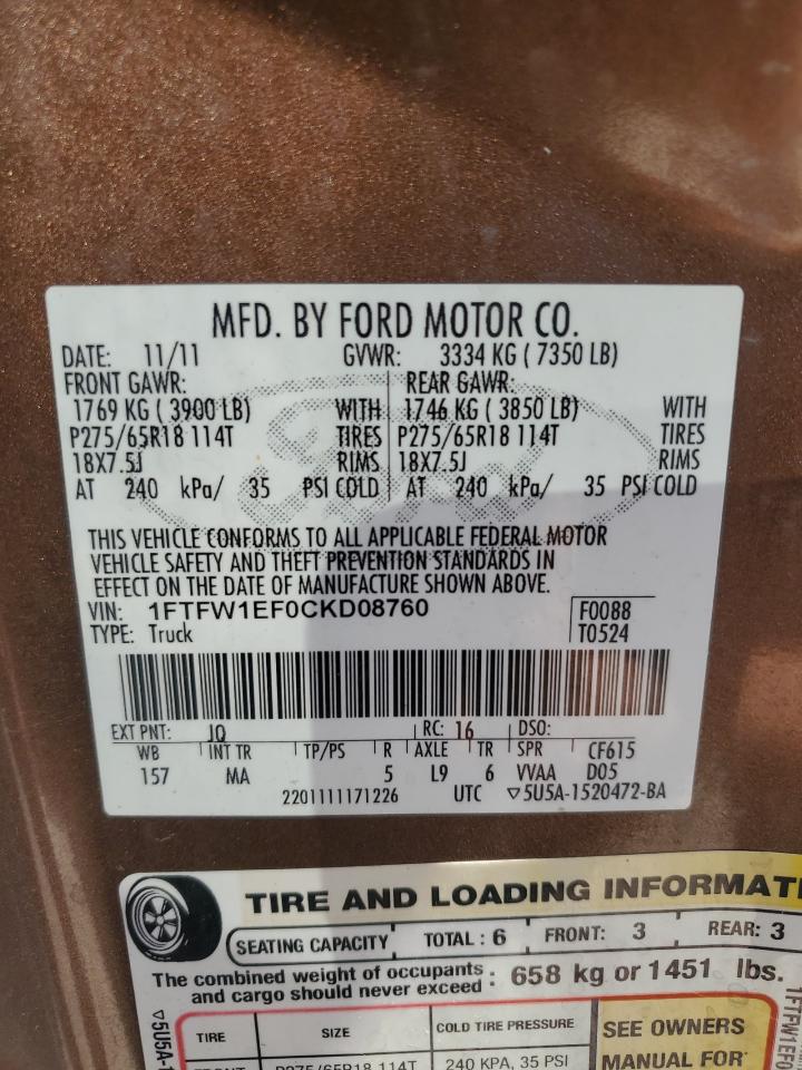 1FTFW1EF0CKD08760 2012 Ford F150 Supercrew