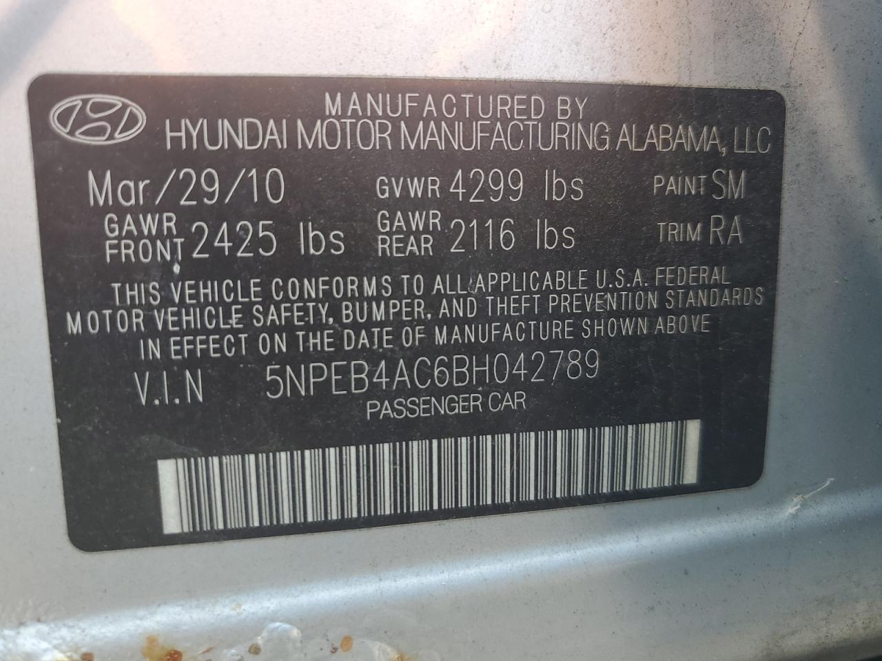 5NPEB4AC6BH042789 2011 Hyundai Sonata Gls