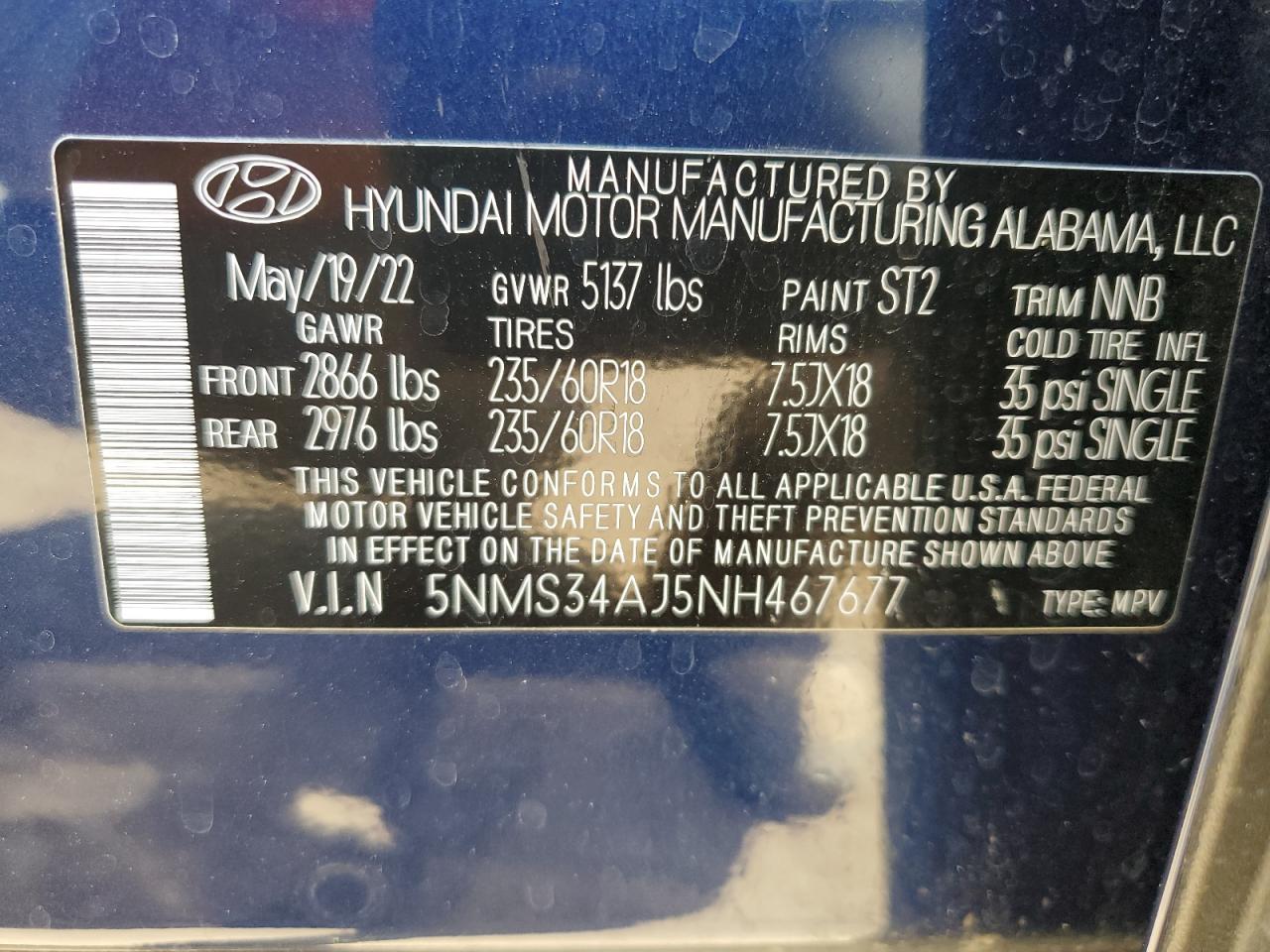 5NMS34AJ5NH467677 2022 Hyundai Santa Fe Sel
