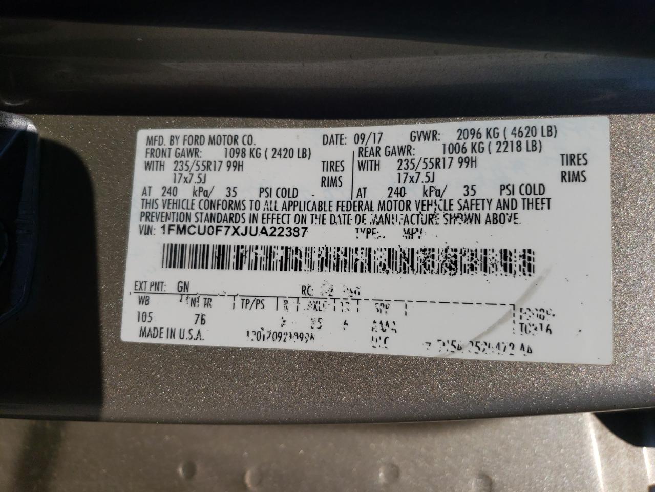 1FMCU0F7XJUA22387 2018 Ford Escape S