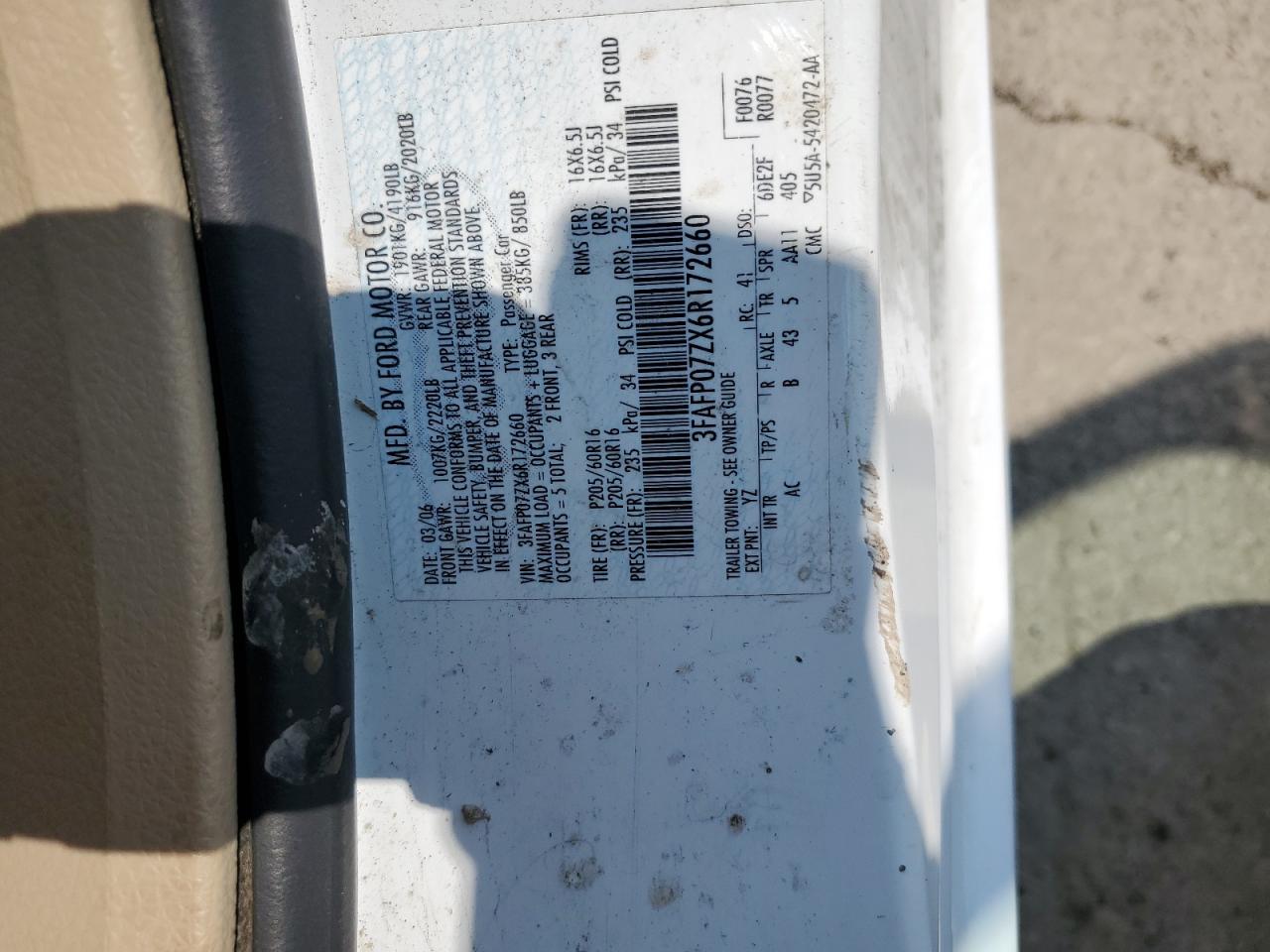 3FAFP07ZX6R172660 2006 Ford Fusion Se