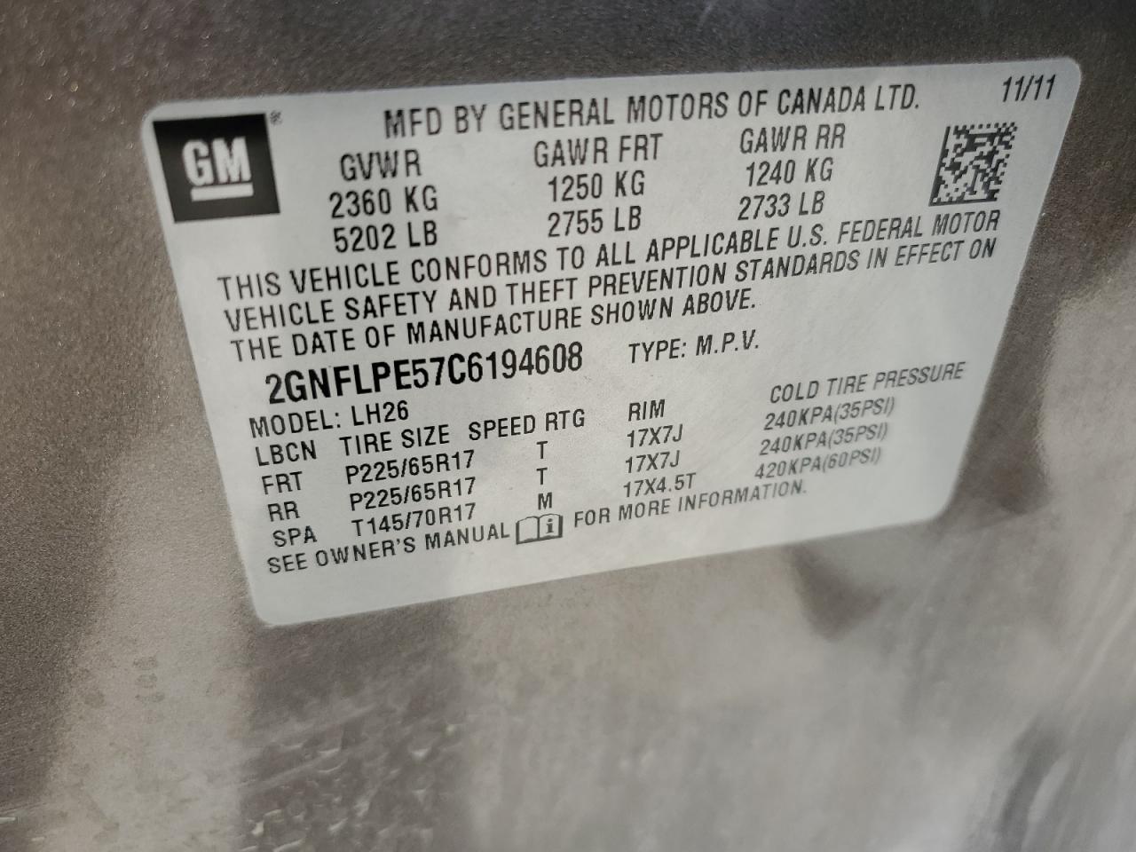 2GNFLPE57C6194608 2012 Chevrolet Equinox Lt