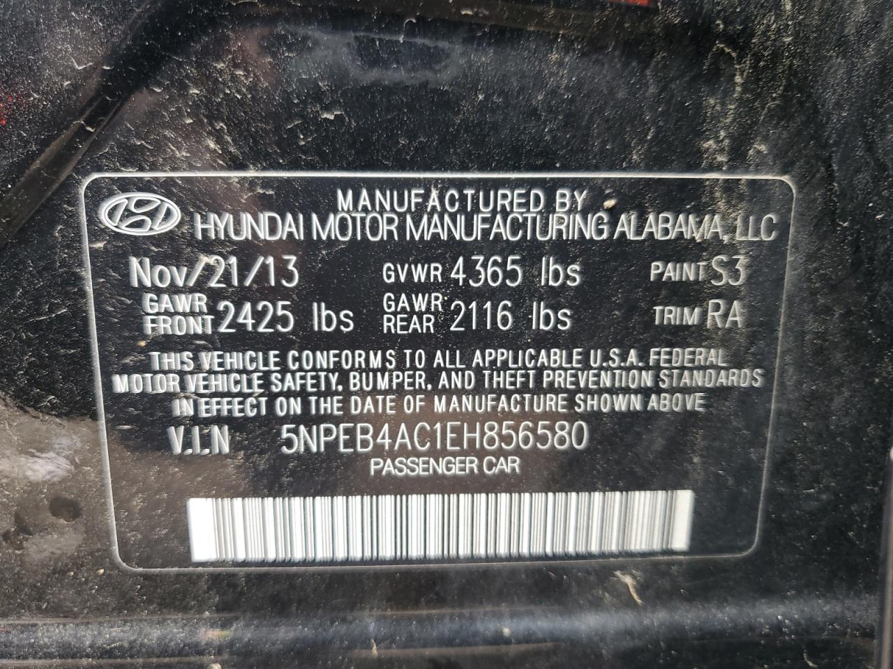 5NPEB4AC1EH856580 2014 Hyundai Sonata Gls