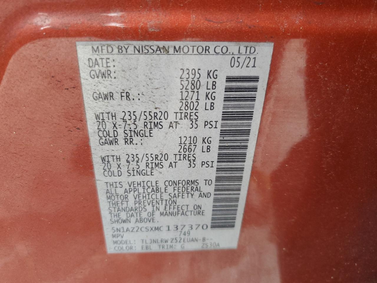 5N1AZ2CSXMC137370 2021 Nissan Murano Sl