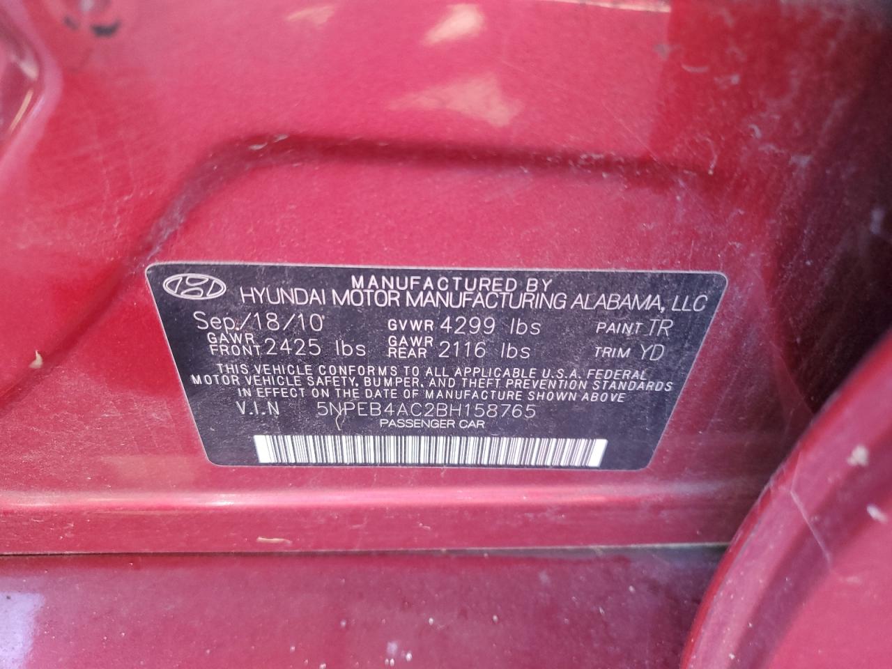 5NPEB4AC2BH158765 2011 Hyundai Sonata Gls