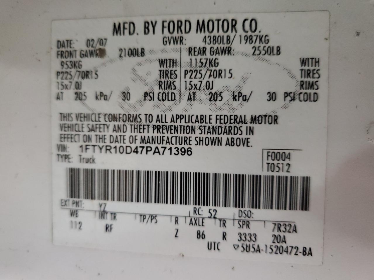 1FTYR10D47PA71396 2007 Ford Ranger