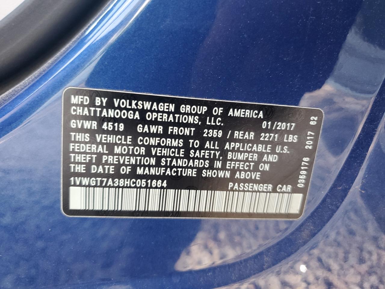1VWGT7A38HC051664 2017 Volkswagen Passat Se