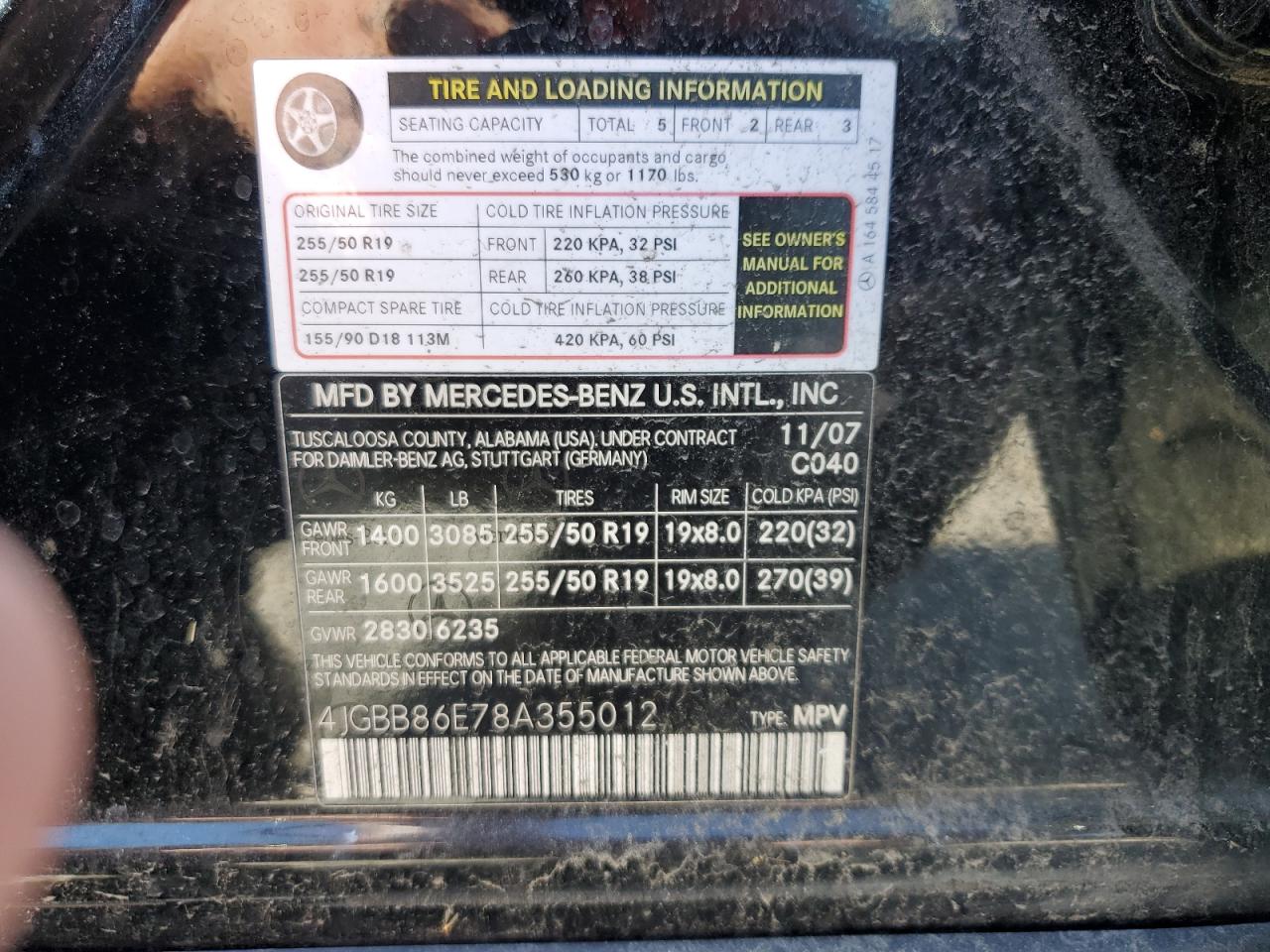 4JGBB86E78A355012 2008 Mercedes-Benz Ml 350