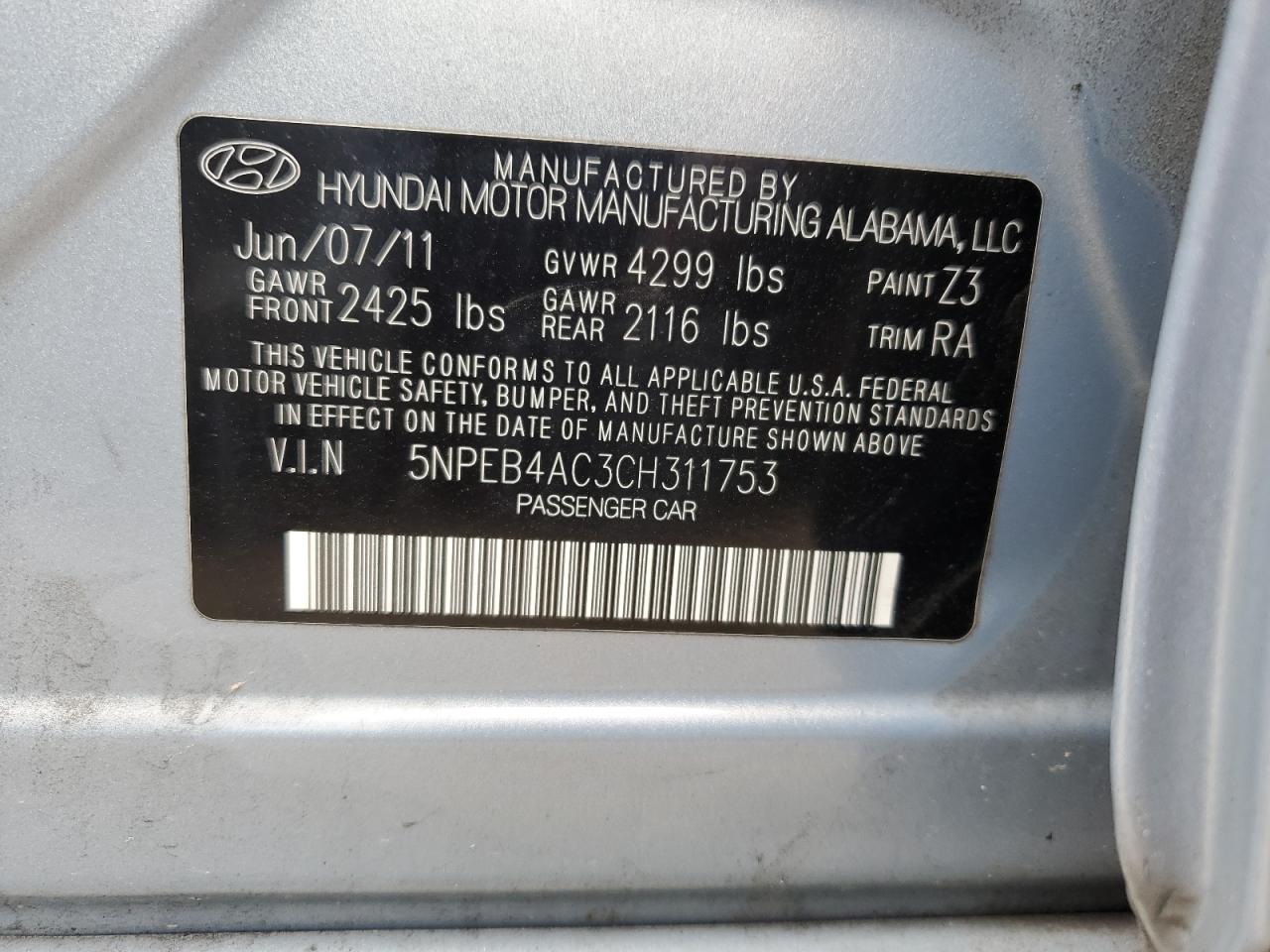 5NPEB4AC3CH311753 2012 Hyundai Sonata Gls