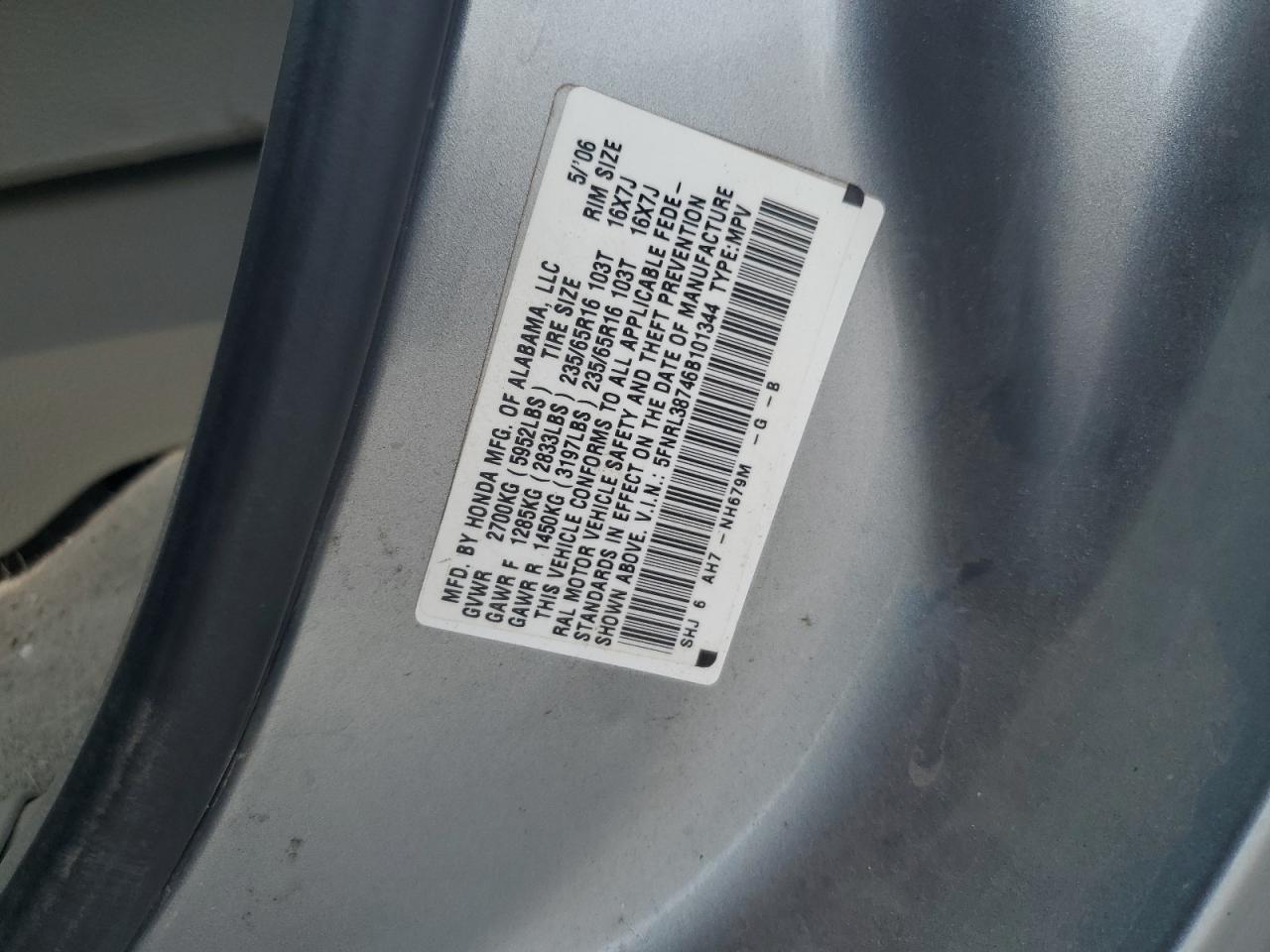 5FNRL38746B101344 2006 Honda Odyssey Exl