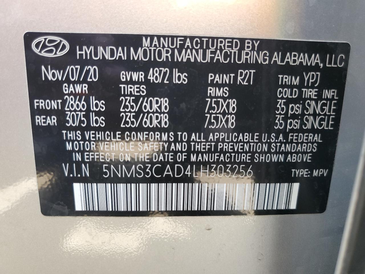 5NMS3CAD4LH303256 2020 Hyundai Santa Fe Sel