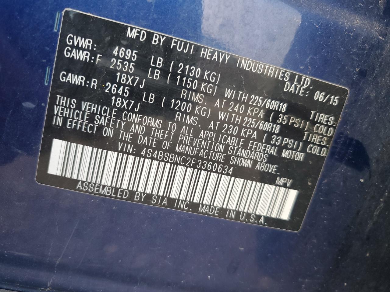 4S4BSBNC2F3360634 2015 Subaru Outback 2.5I Limited