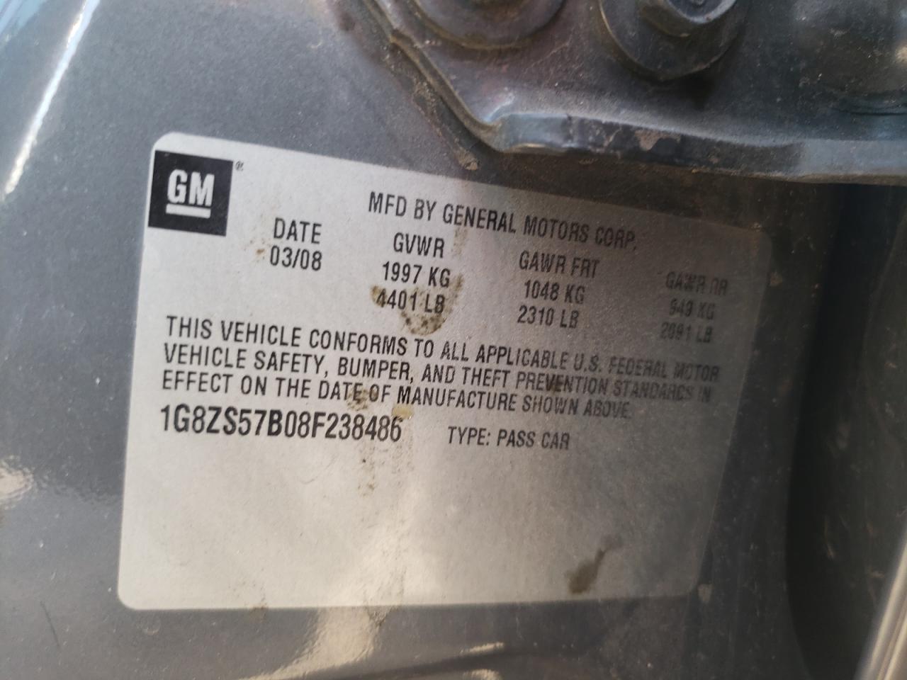 1G8ZS57B08F238486 2008 Saturn Aura Xe