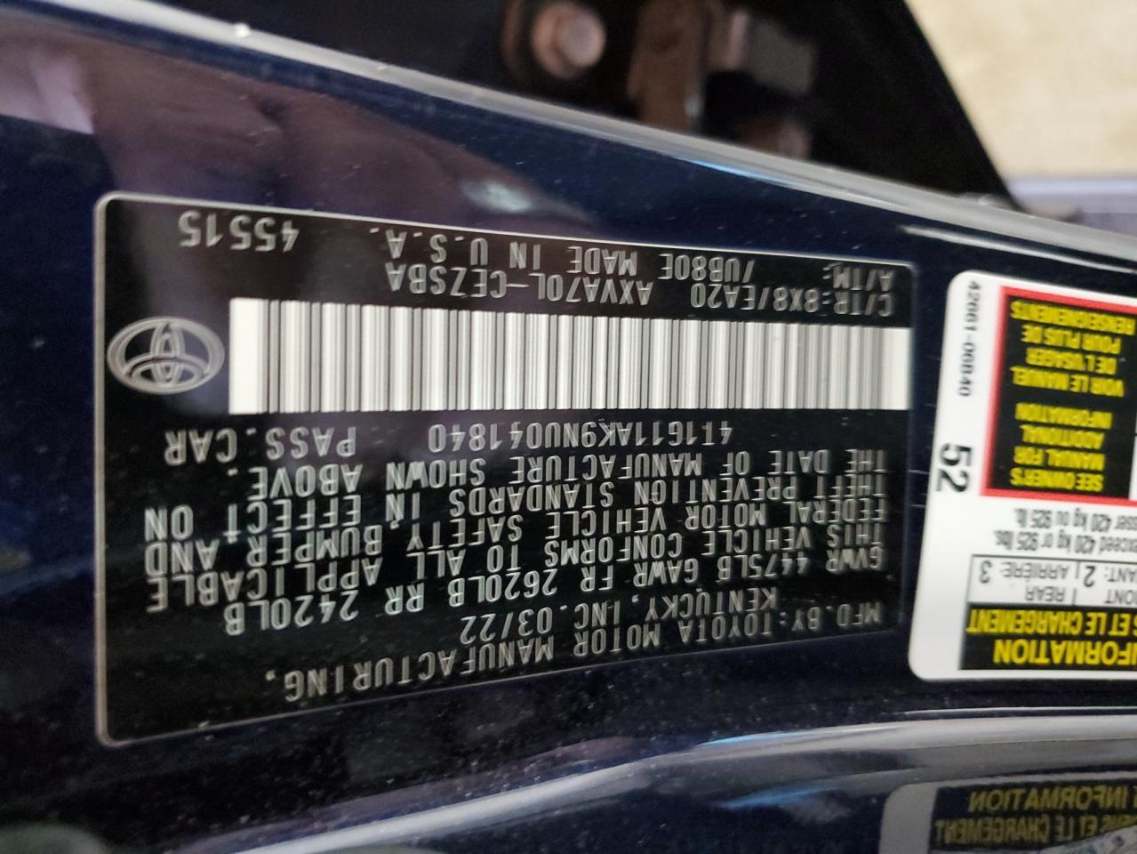 4T1G11AK9NU041840 2022 Toyota Camry Se