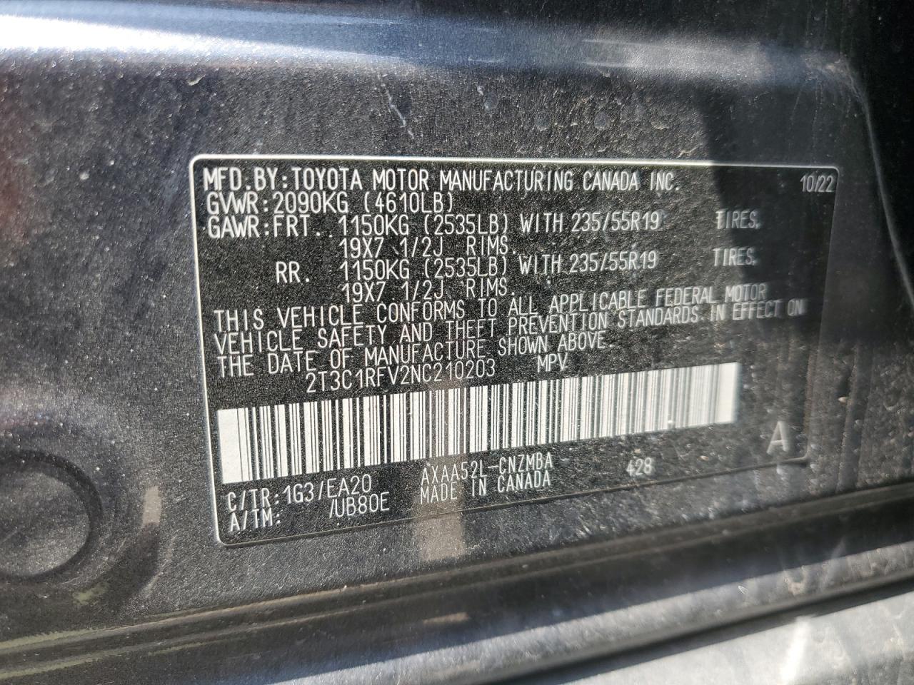 2T3C1RFV2NC210203 2022 Toyota Rav4 Xle Premium