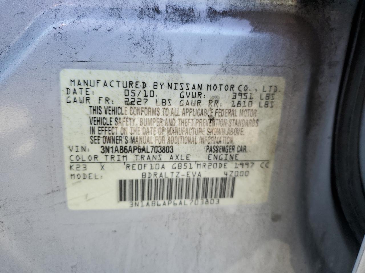 3N1AB6AP6AL703803 2010 Nissan Sentra 2.0