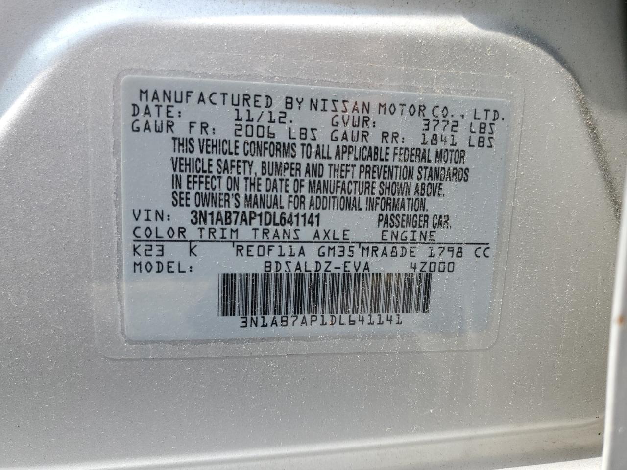 3N1AB7AP1DL641141 2013 Nissan Sentra S