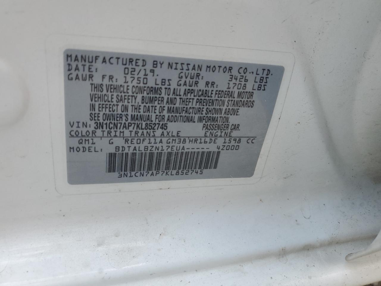 Lot #2996601667 2019 NISSAN VERSA S