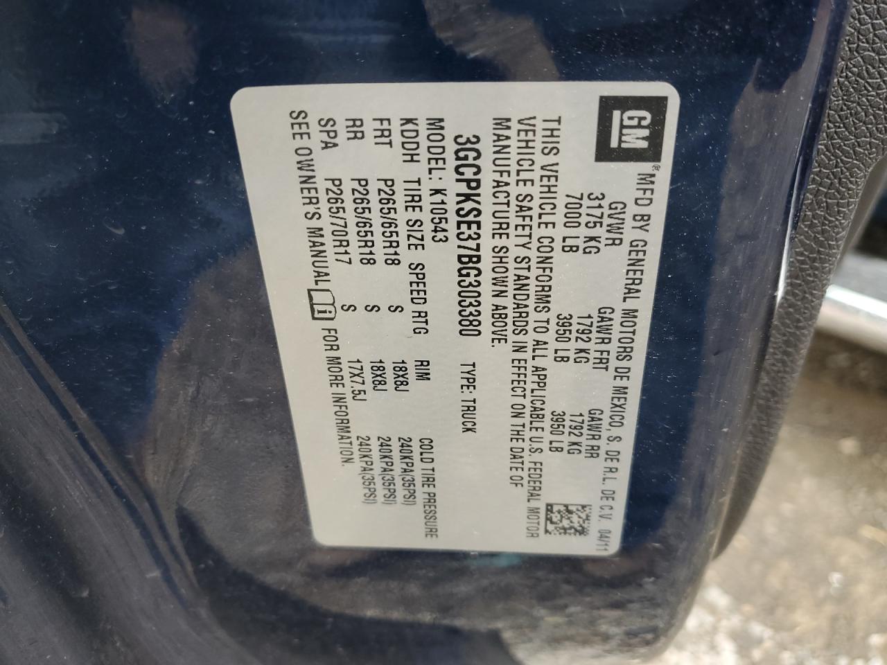 3GCPKSE37BG303380 2011 Chevrolet Silverado K1500 Lt