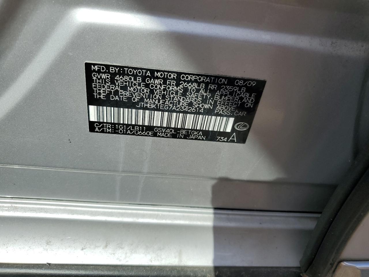 JTHBK1EG7A2342614 2010 Lexus Es 350