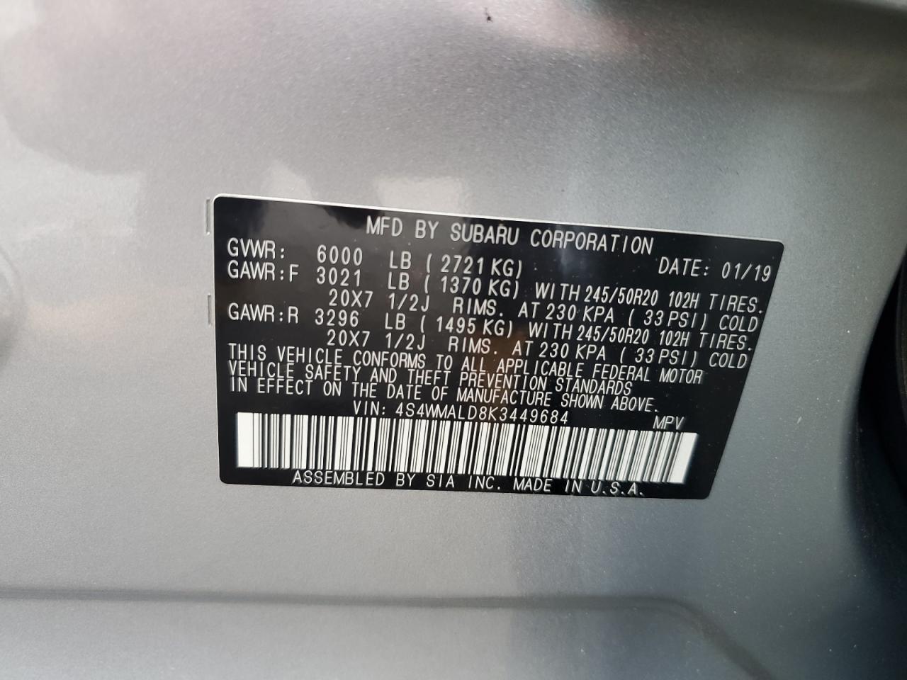 4S4WMALD8K3449684 2019 Subaru Ascent Limited