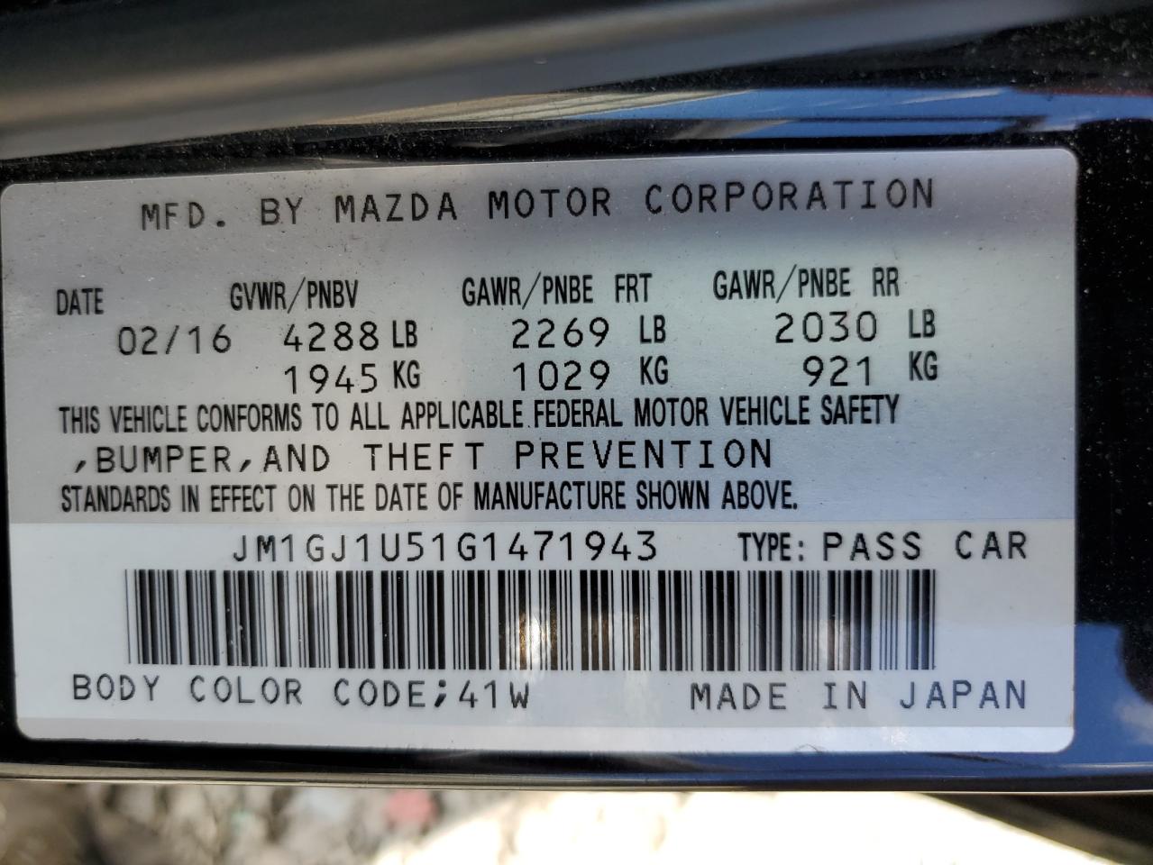 JM1GJ1U51G1471943 2016 Mazda 6 Sport