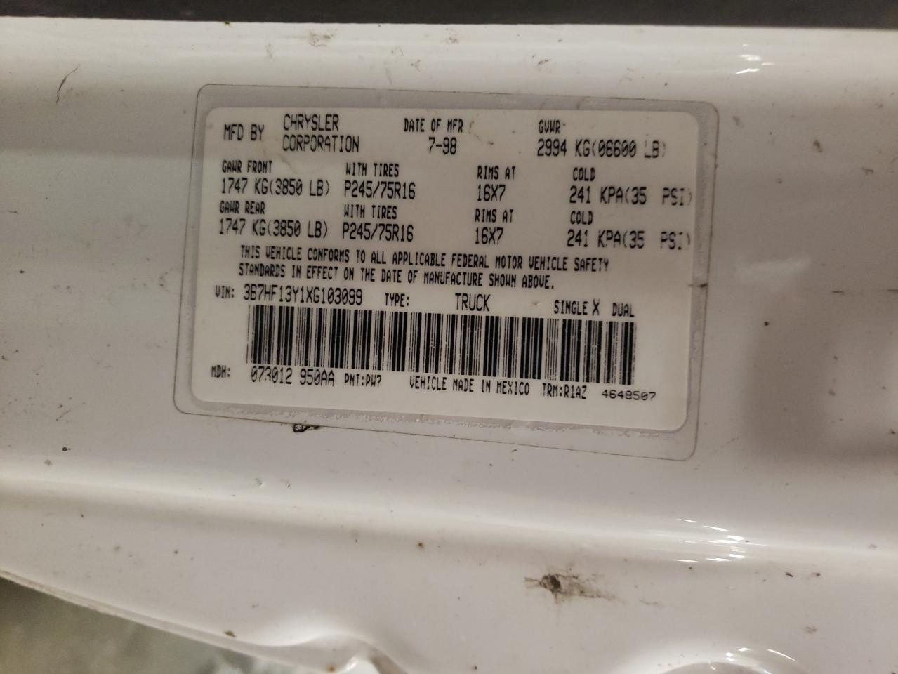 3B7HF13Y1XG103099 1999 Dodge Ram 1500