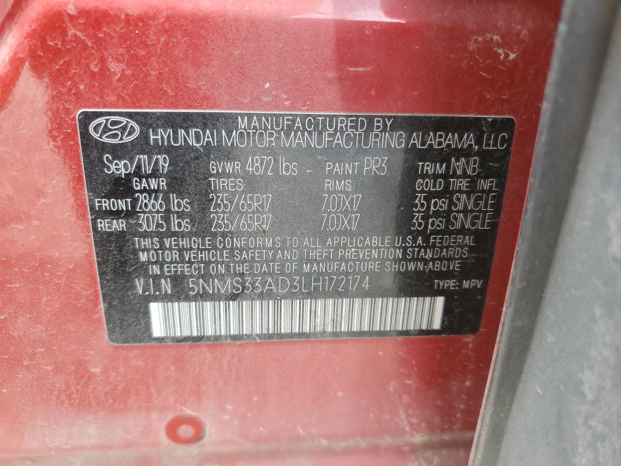 5NMS33AD3LH172174 2020 Hyundai Santa Fe Sel