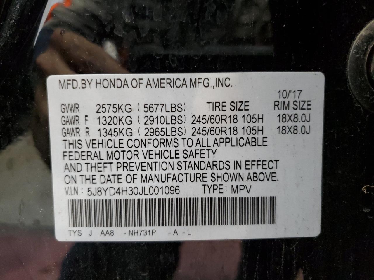 5J8YD4H30JL001096 2018 Acura Mdx