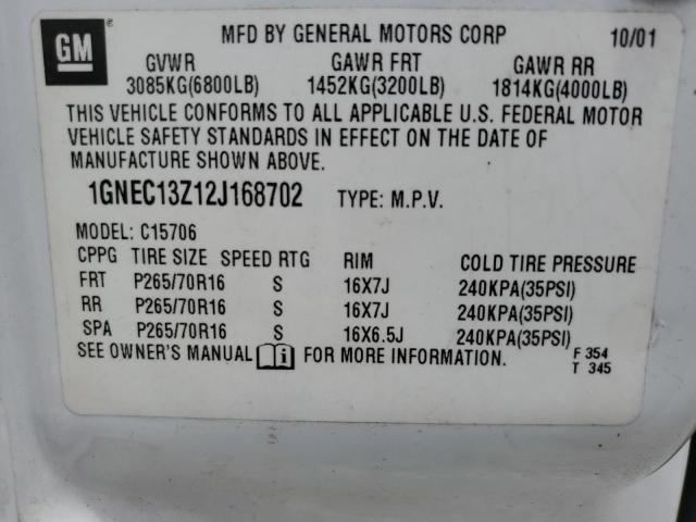 2002 Chevrolet Tahoe C1500 VIN: 1GNEC13Z12J168702 Lot: 62186794